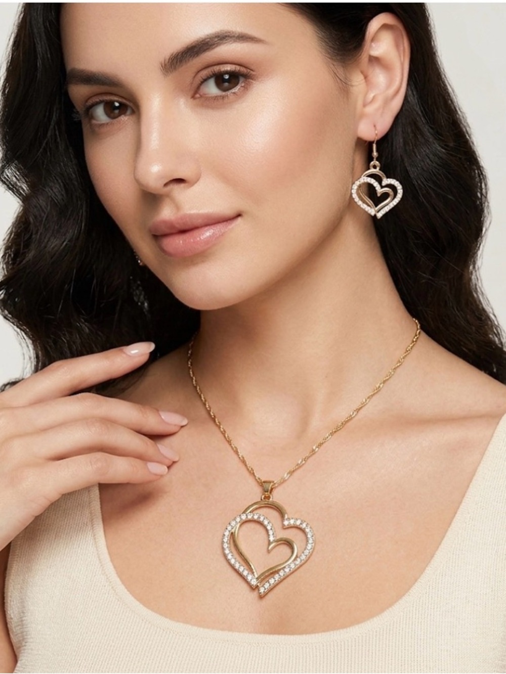 Double Hollow Love Heart Necklace and Fishhook Earrings, Goldtone Zircon